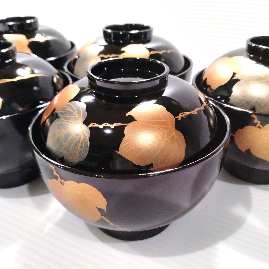 高級 山中漆器 吸椀 木硬 蓋付き 汁椀 黒金 金箔 金蒔絵 漆器 5客揃