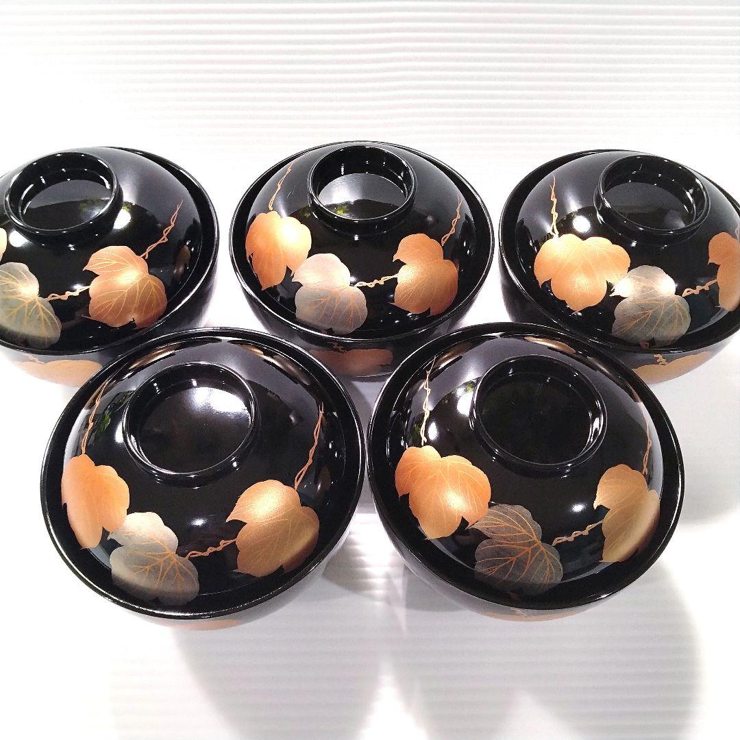 高級 山中漆器 吸椀 木硬 蓋付き 汁椀 黒金 金箔 金蒔絵 漆器 5客揃