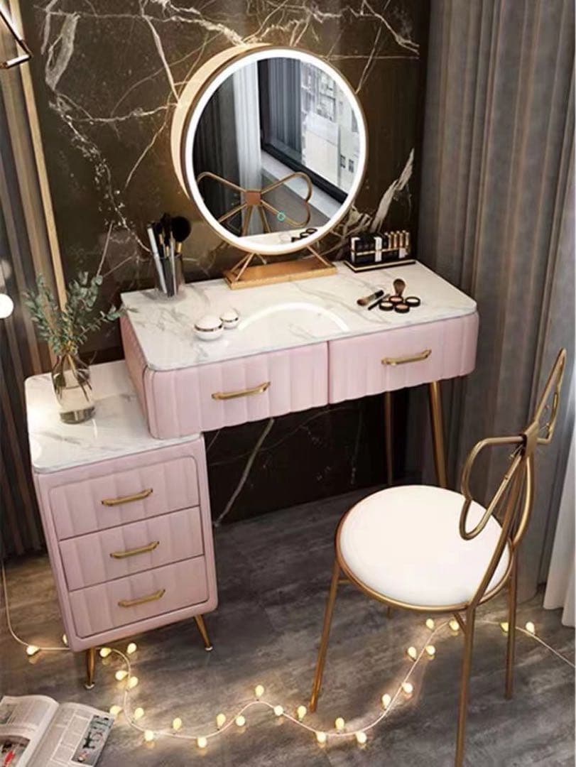 オシャレドレッサー　ベージュ　デスク引き出し2杯LEDミラー　椅子　棚4点セット