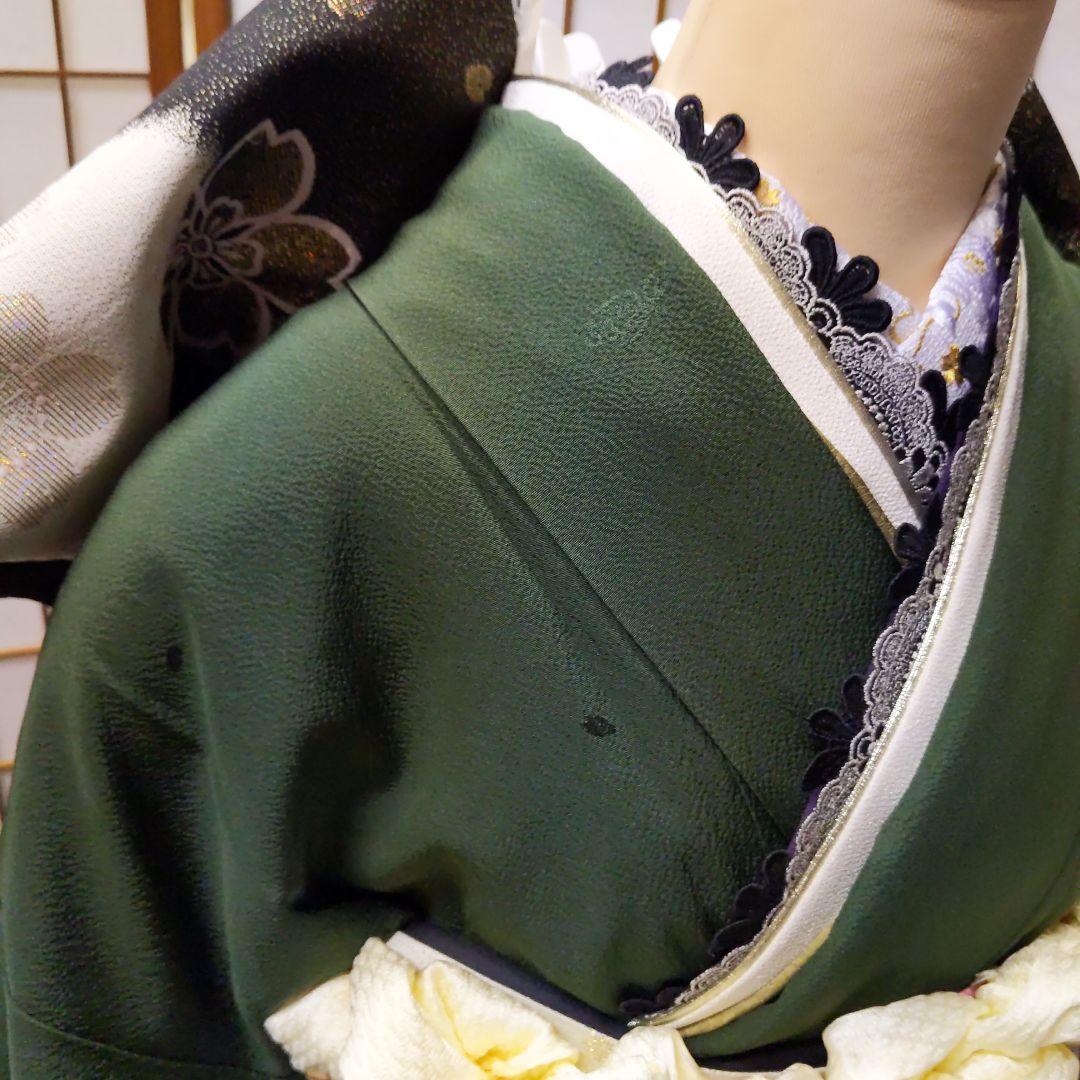 454【最終価格】無地モスグリーン【山本寛斎正絹振袖8点フルセット】成人式卒業式