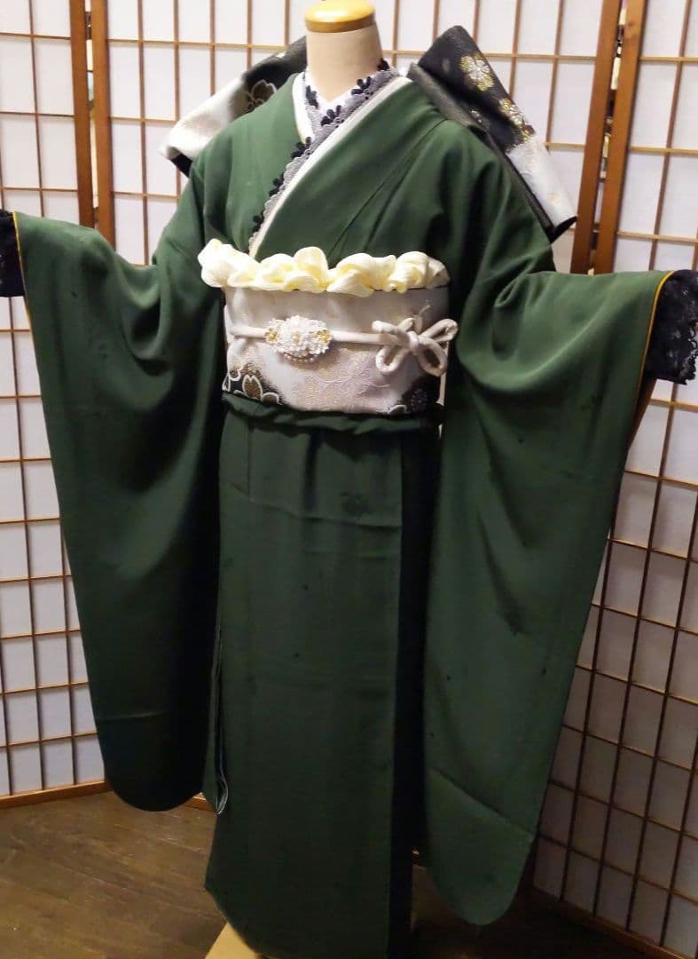 454【最終価格】無地モスグリーン【山本寛斎正絹振袖8点フルセット】成人式卒業式