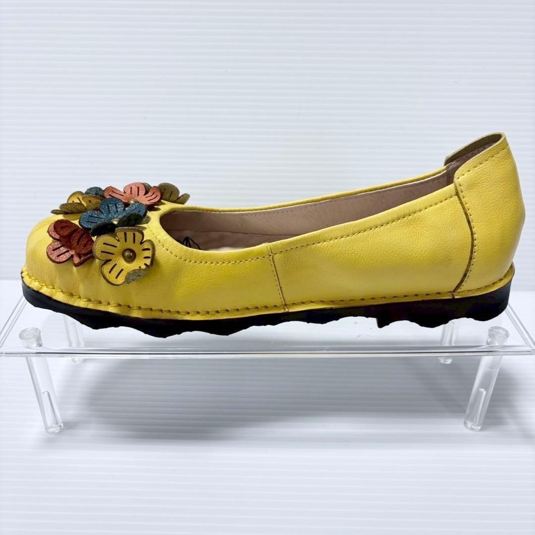 Estacion エスタシオン 小花立体フラワーモチーフ本革フラットパンプス