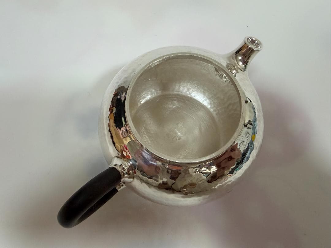 純銀製 丸形 鎚目 玉石摘 急須 銀瓶 煎茶道具