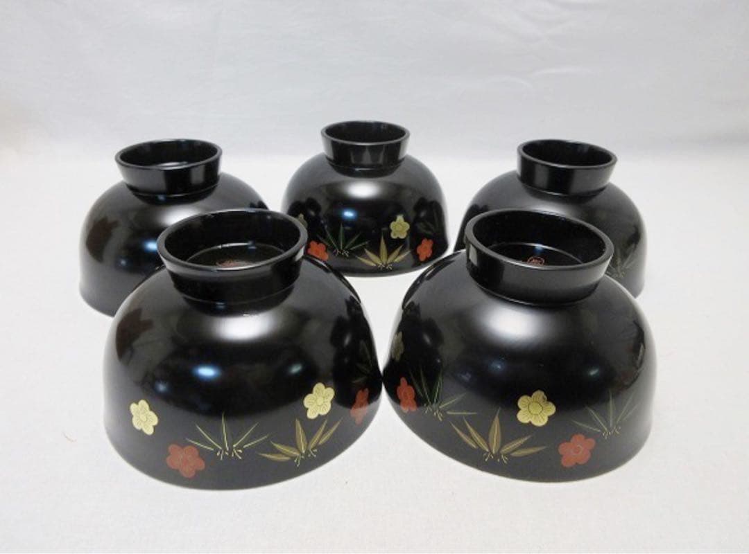 ほぼ未使用 懐石道具 木製黒塗 金彩花蒔絵 汁椀5客揃 瑾斎の漆器 内朱 元箱