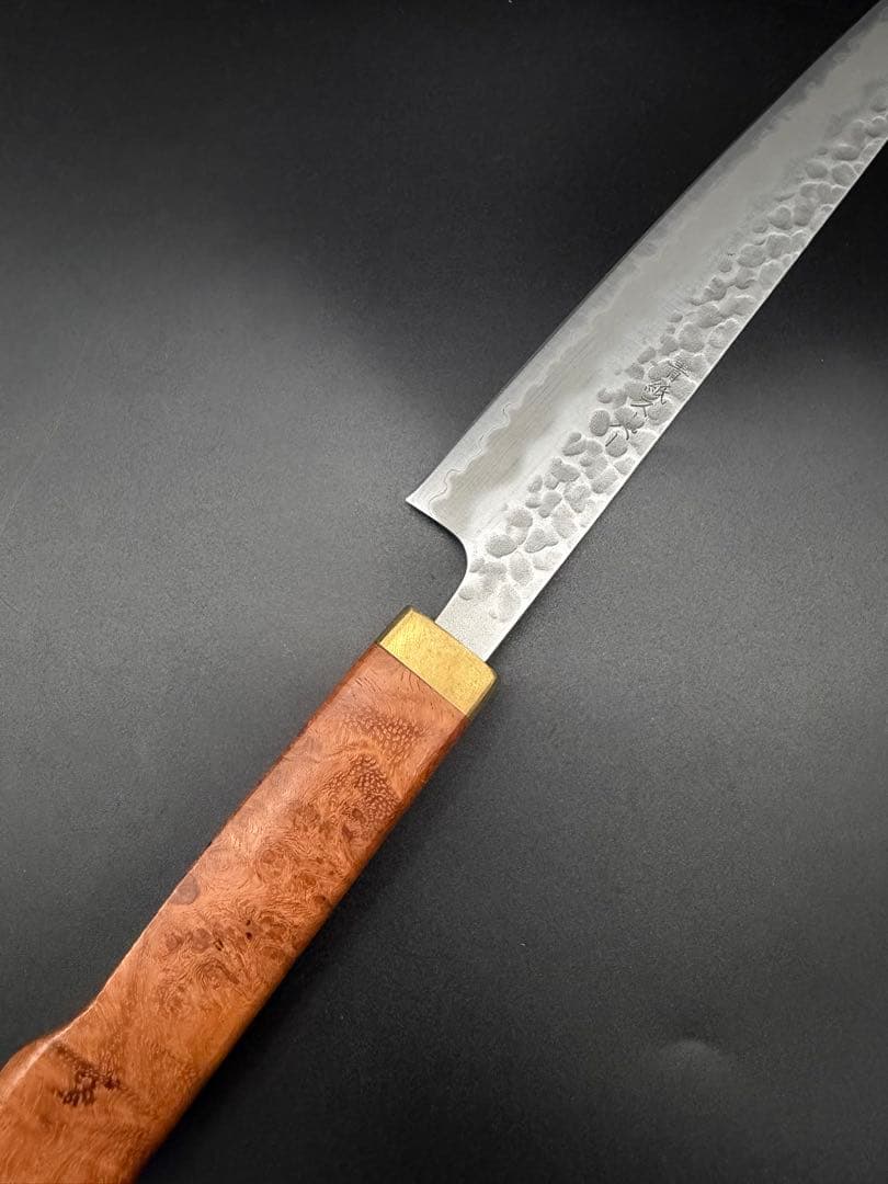 日本製　青紙スーパー鋼割り込み筋引き包丁240mm 花梨瘤柄