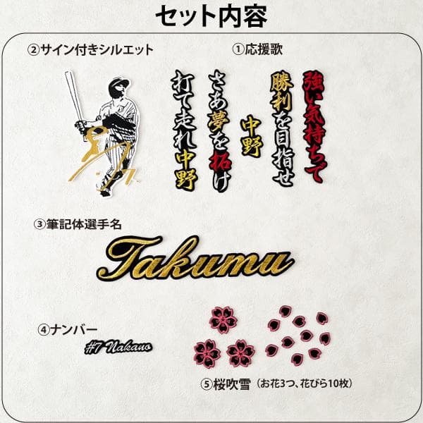 阪神タイガース 中野拓夢 刺繍ワッペン 5点セット 筆記体【黒】応援歌