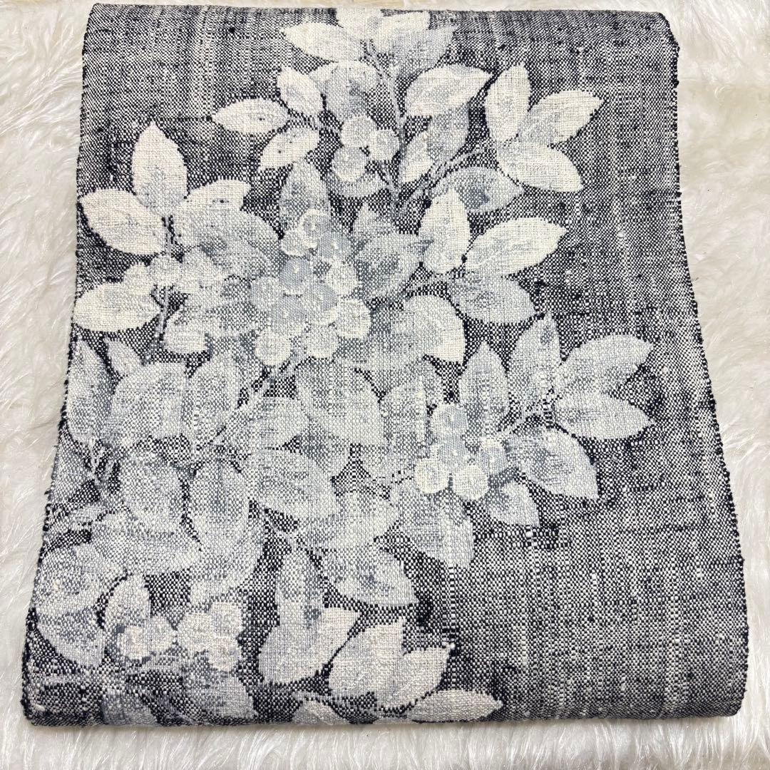 【極美品】袋名古屋帯 八寸帯 モダン ボタニカル 花草模様 織り 紬 絹 425
