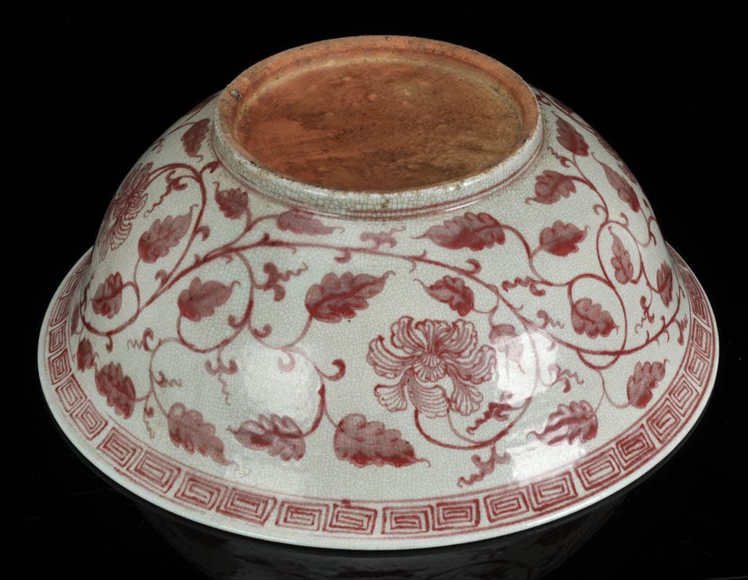 釉裡紅 纏枝花弁文 特大41cm 大鉢 辰砂紅絵 盛鉢 古美術 骨董 中国古陶磁