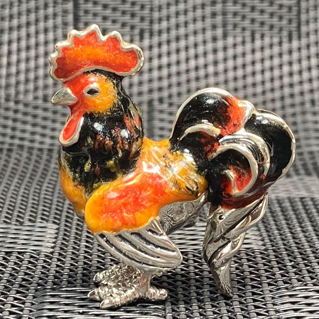 サツルノ　銀細工　SV925　雄鶏　長鳴鳥　フュギュリン　エナメル彩色　伊製