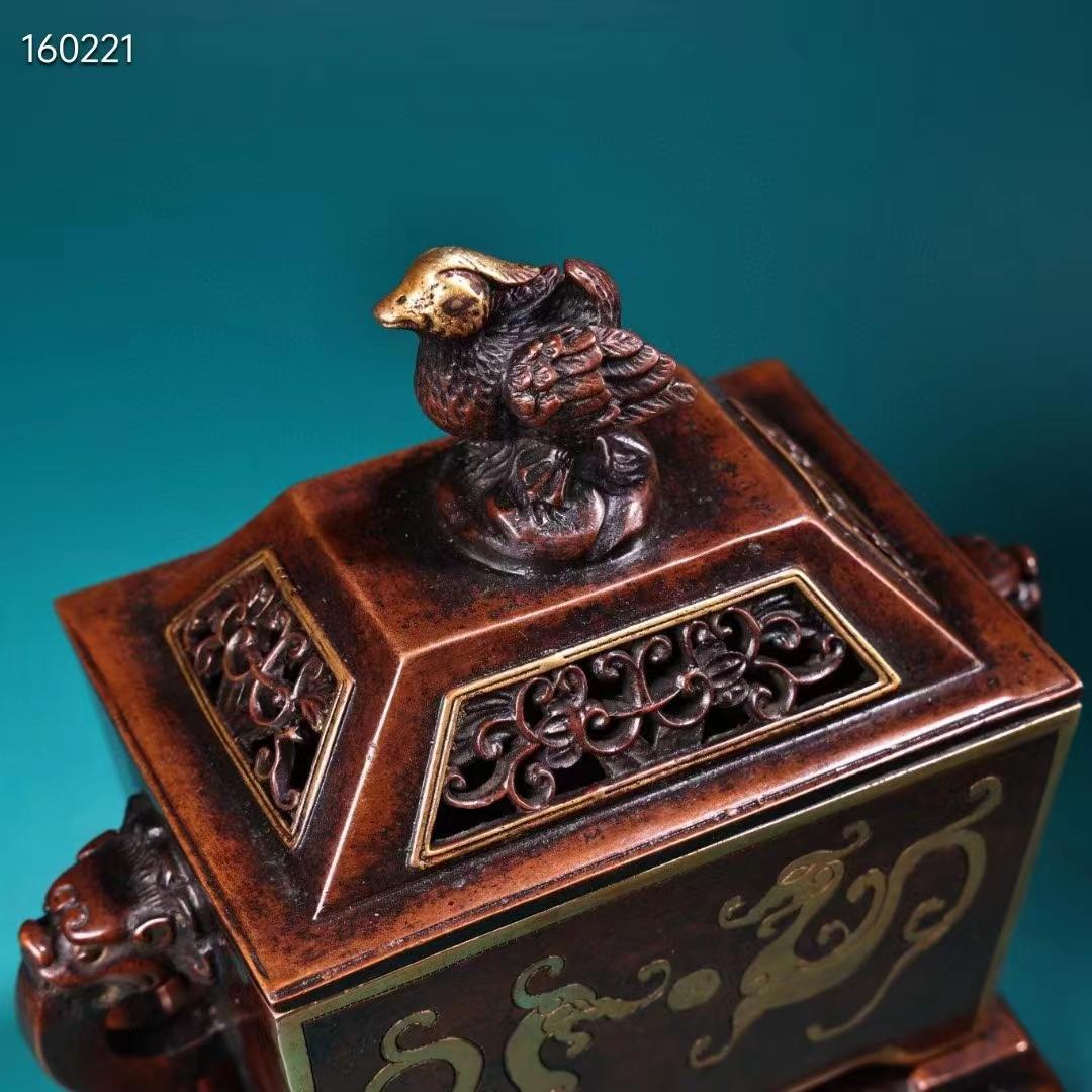 中国古美術・珍蔵·稀少品・紫銅・純手作り・鎏金高浮彫香炉・熏香爐・置物