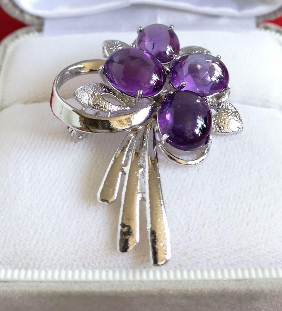 ブローチ シルバー製 天然石 アメジスト カボッション 裏面カッティング 912