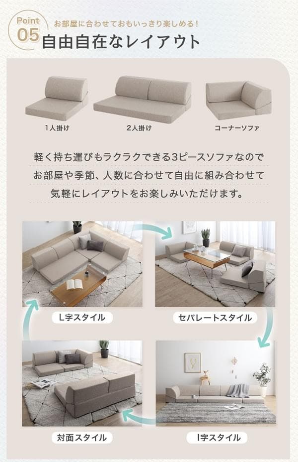 新品　レイアウト自由なフロアコーナーソファ　ローソファ　ソフトグレー　こたつにも