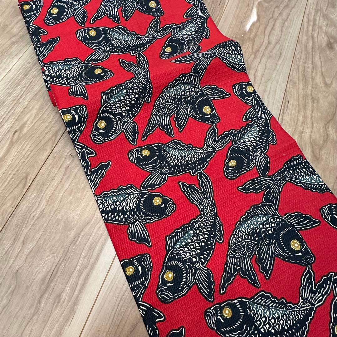 超美品　正絹　着物 和服　名古屋帯　赤　紺　鯉　371 アンティーク　個性的