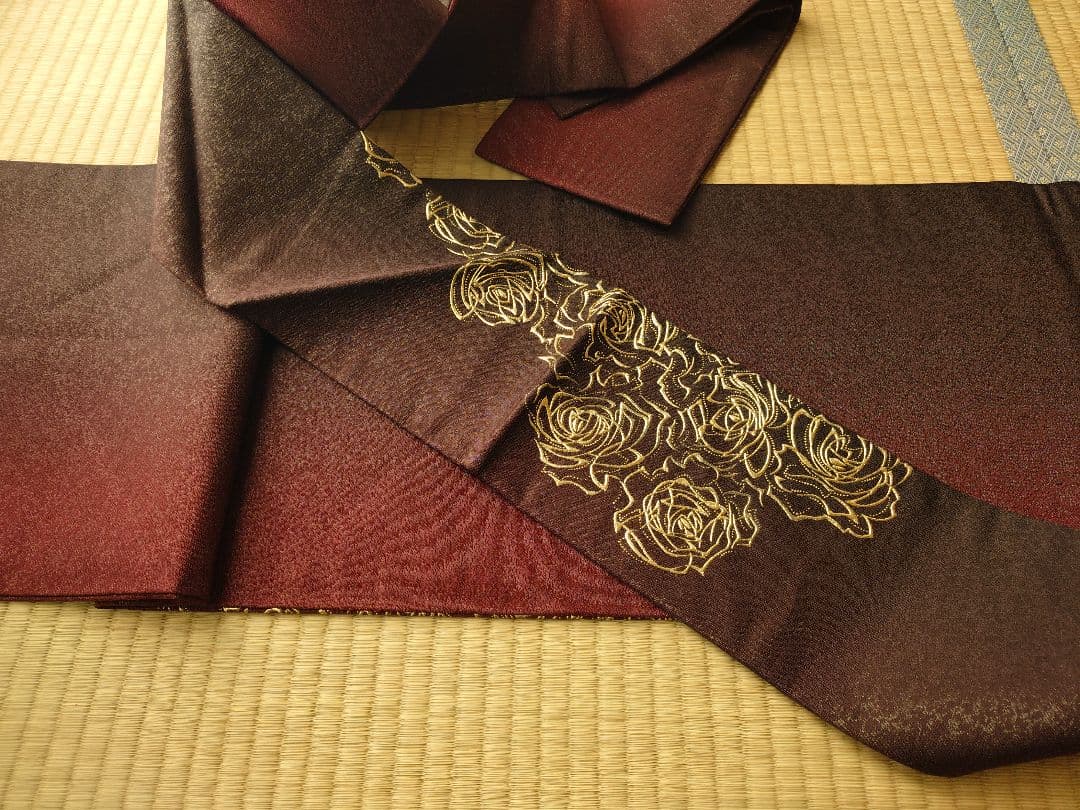 【中古】金彩　名古屋帯　薔薇　ボルドー赤紫グラデーション