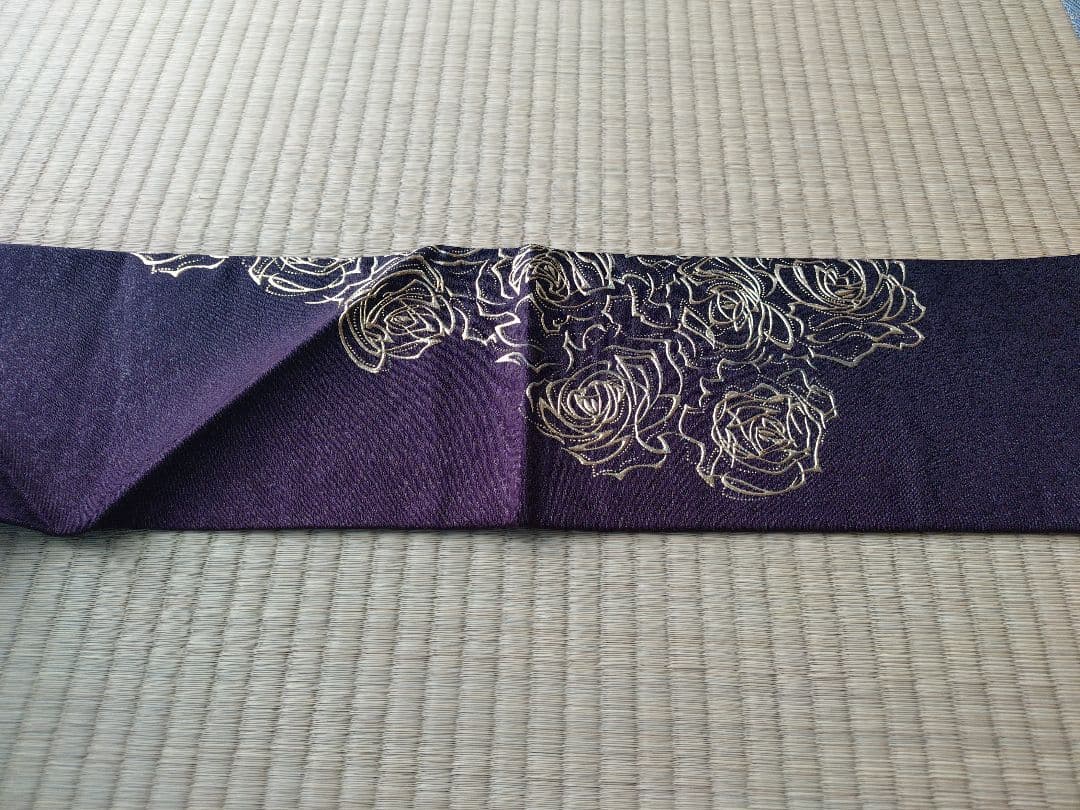 【中古】金彩　名古屋帯　薔薇　ボルドー赤紫グラデーション