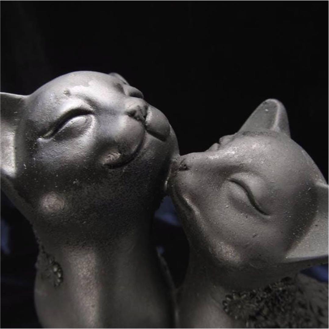 ★特選一品★希少レア☆繊細フラワー彫刻【愛らしい夫婦猫シュンガイトねこ置物】❤️