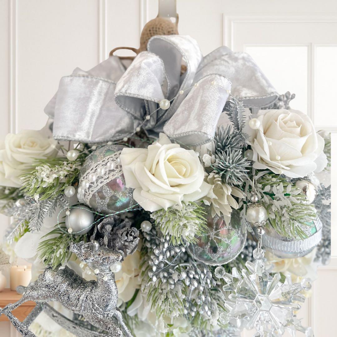 クリスマスリース シルバーとホワイトの輝き クリスマスギフト アートフラワー