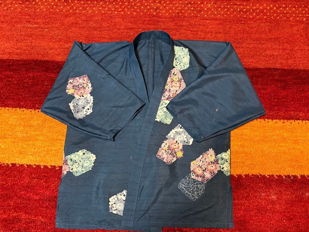 着物リメイク　訪問着紬地　草花文　から作務衣　長身の方でも股下80センチまで可能