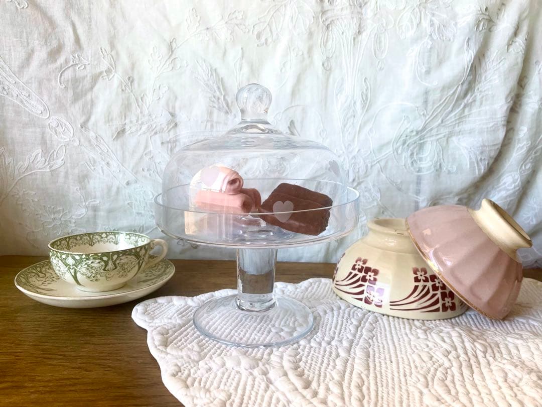 吹きガラスコンポティエ&ドームカバー　フランスアンティーク ケーキスタンドハート