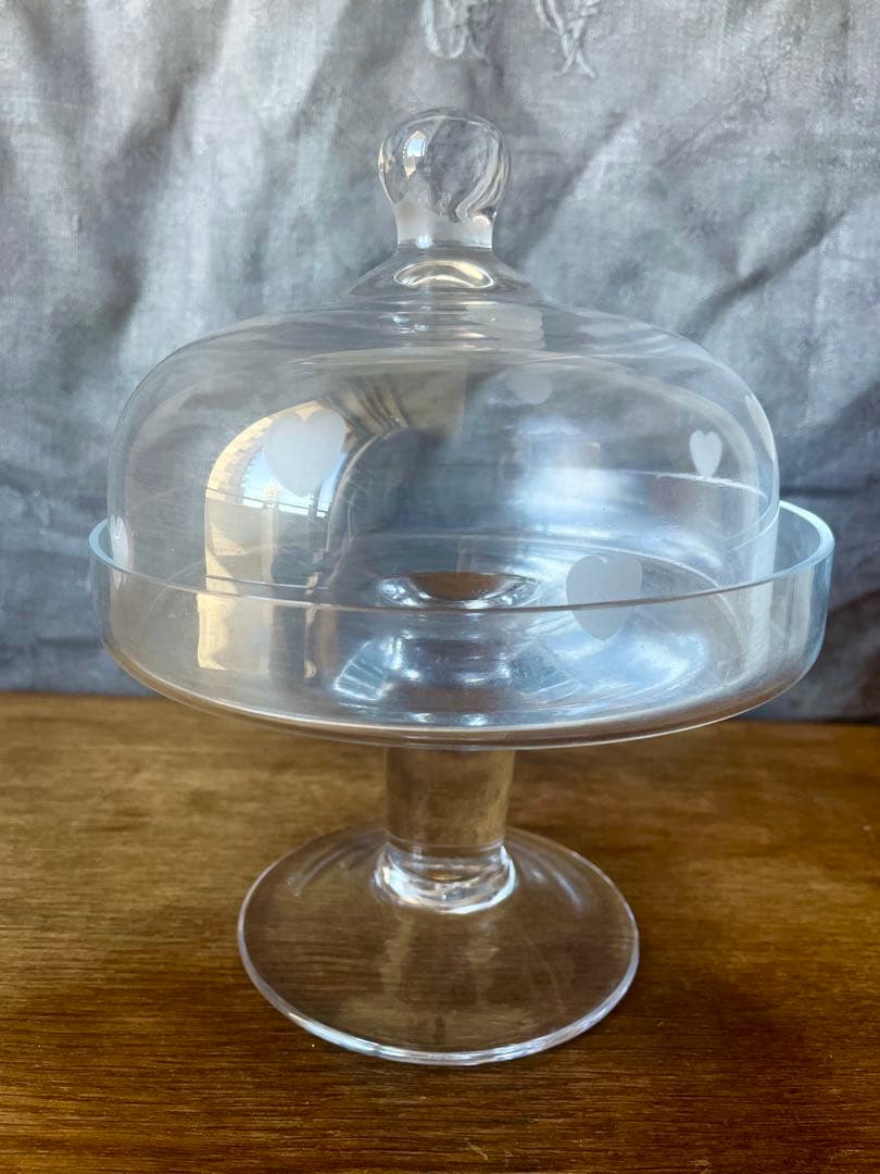 吹きガラスコンポティエ&ドームカバー　フランスアンティーク ケーキスタンドハート