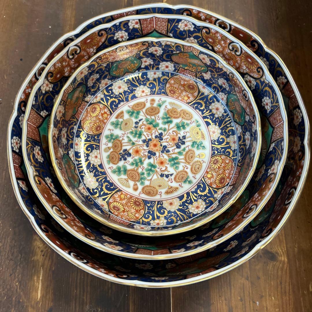 前畑陶器　庫山窯 菊金唐草 金彩　古伊万里　豪華3種　3種鉢　お正月　お節