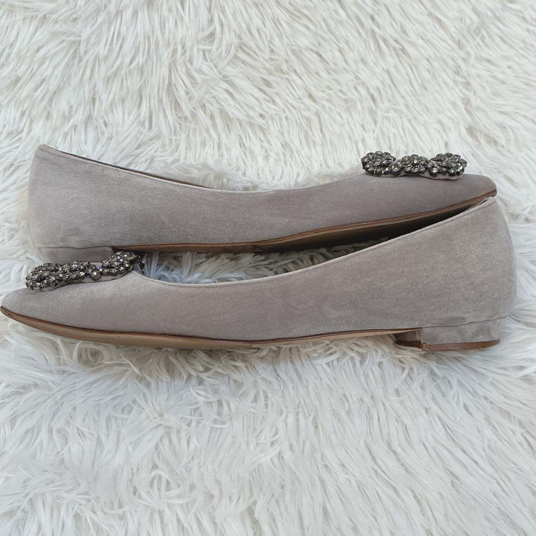 マノロブラニク　ハンギシ ビジュー　ベロア　35 パンプス　22cm グレー