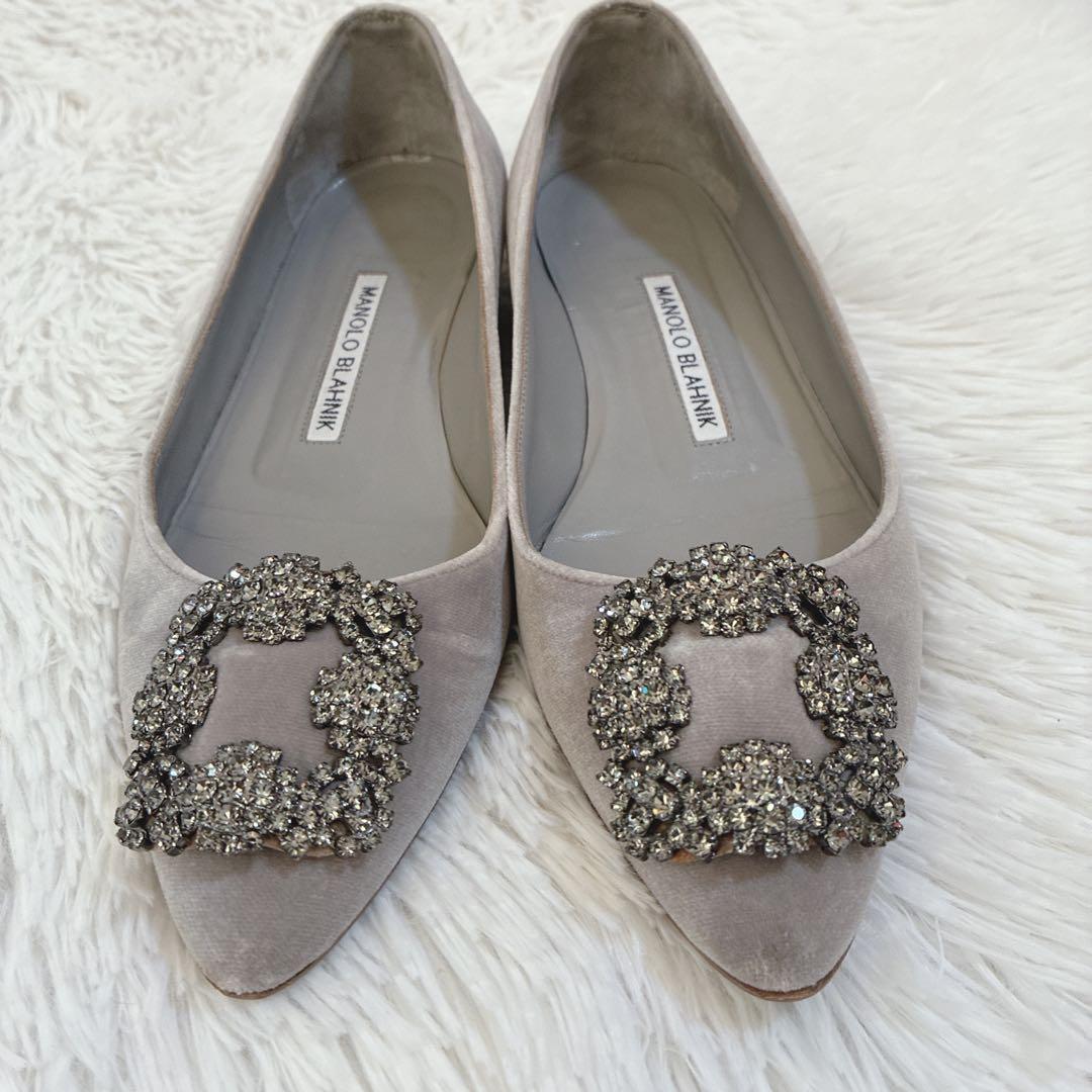 マノロブラニク　ハンギシ ビジュー　ベロア　35 パンプス　22cm グレー