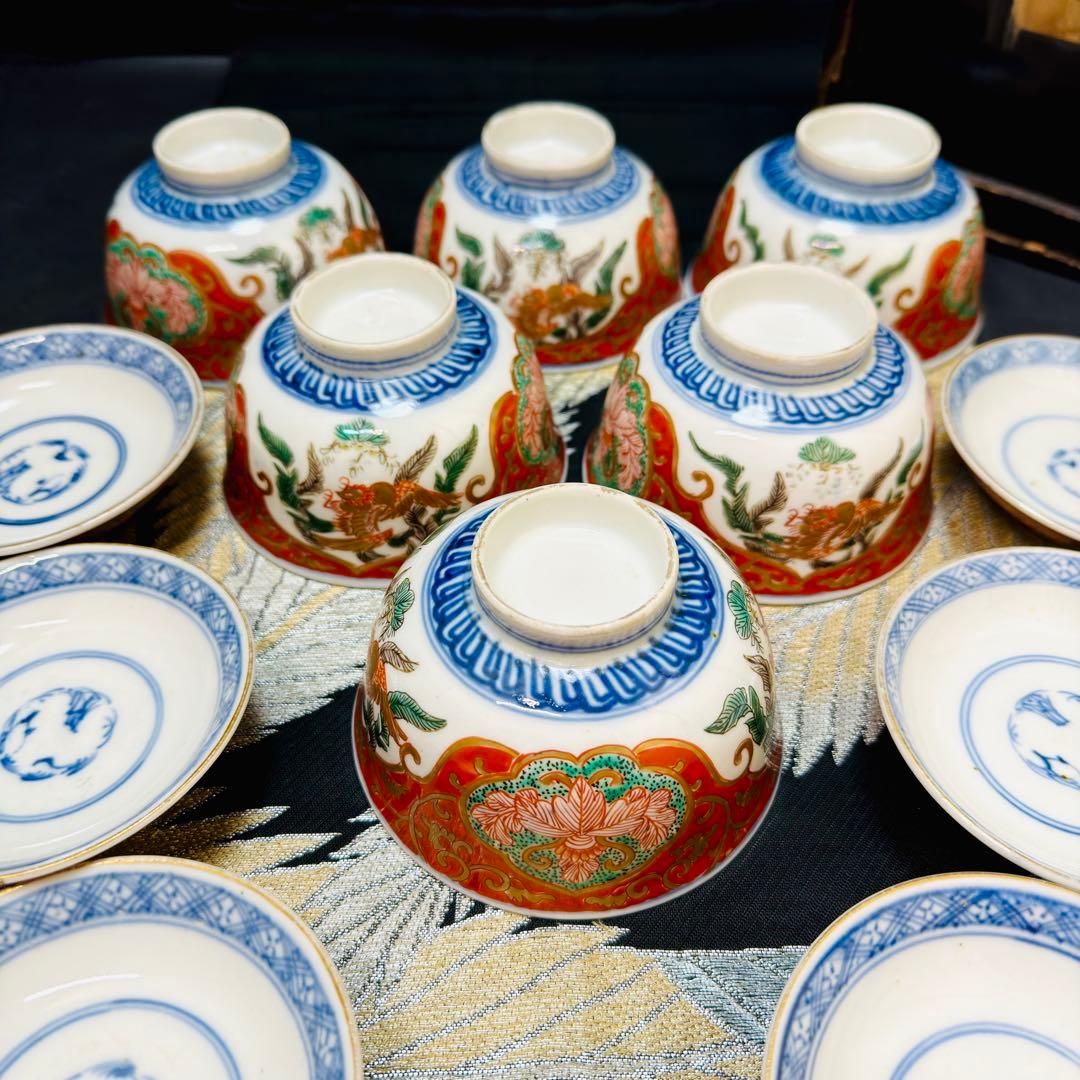 古伊万里　金蘭錦手　金彩鳳凰唐花草絵　蓋碗　蓋付き茶碗　明治　6客　木箱