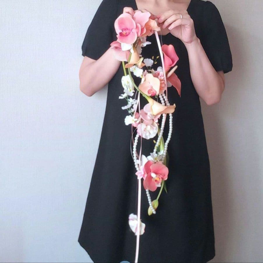 ※アウトレット　コーラル　胡蝶蘭　ウェディングブーケ　パールブーケ　リボン　造花