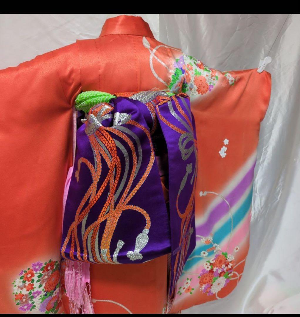 7歳七五三着物 オレンジ色 花柄刺繍付き　全セット