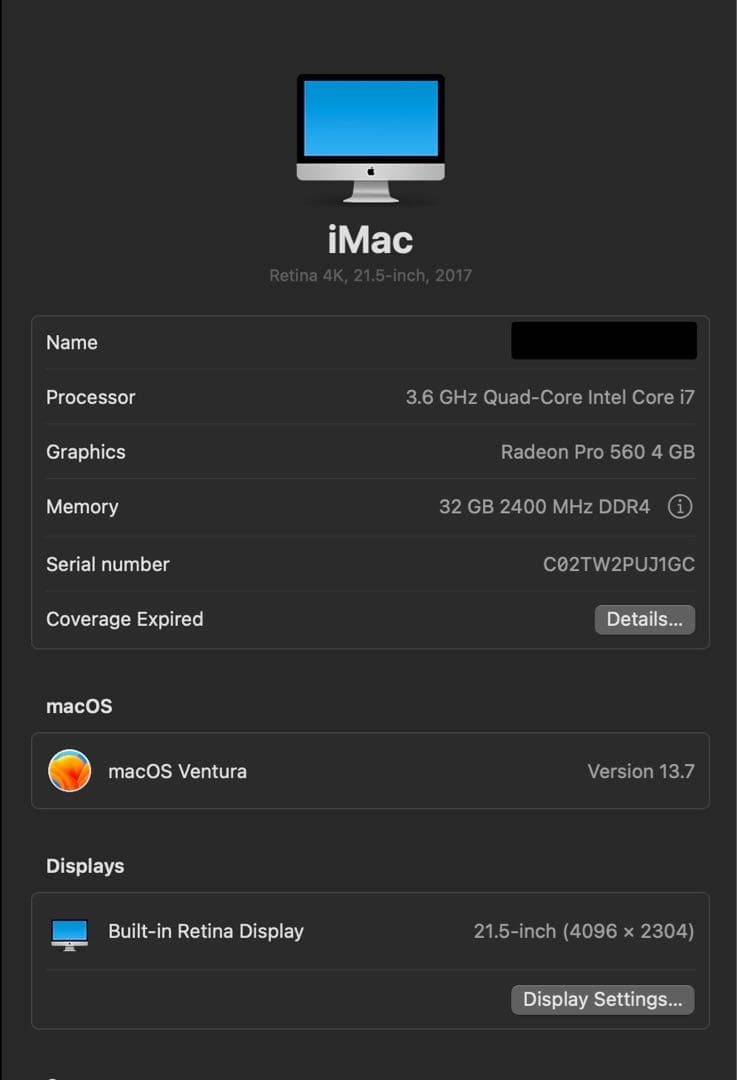 【ジャンク品 】iMac (Retina 4K, 21.5インチ, 2017年)