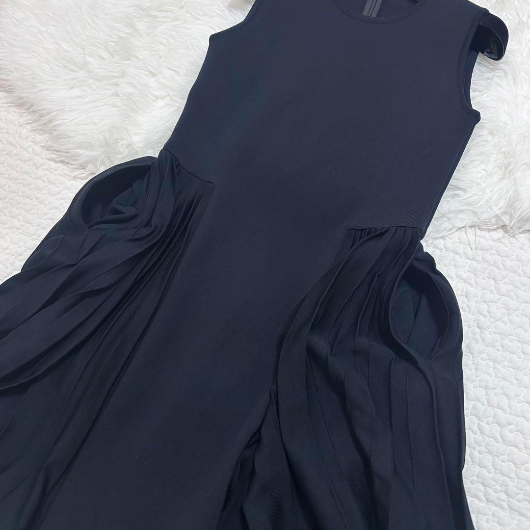 美品♡FOXEY サイドプリーツニットワンピース　フレア　38 ダークネイビー