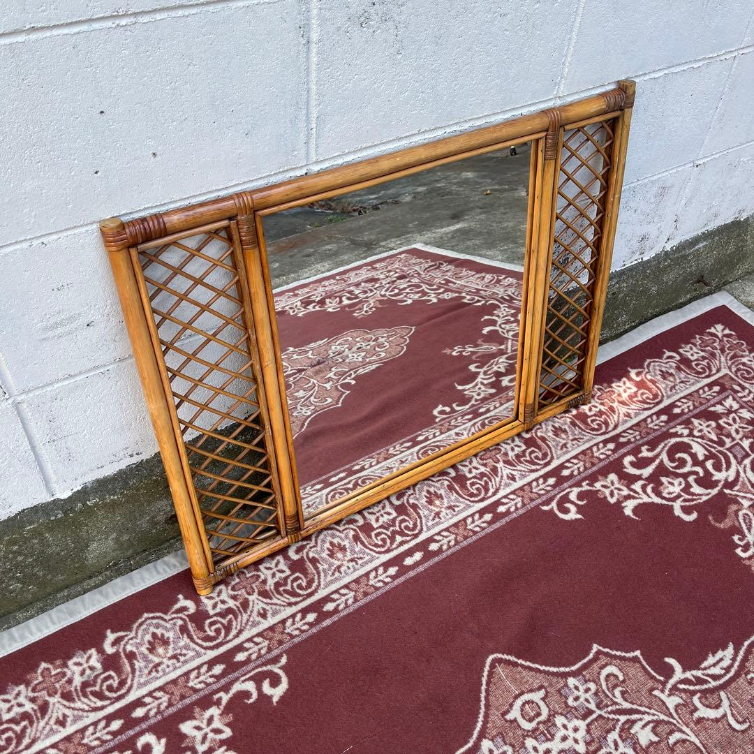 古雑貨ビンテージ品◾️籐ラタンパネル 壁掛けミラー ウォールミラー 鏡