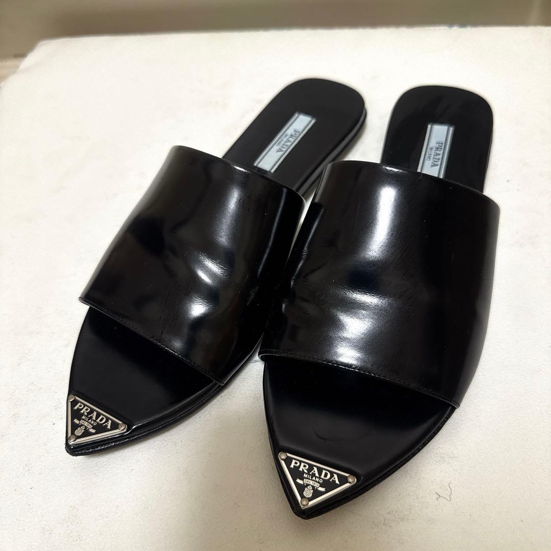 PRADA プラダ ロゴ ミュール サンダル 36 黒 ブラック　フラット