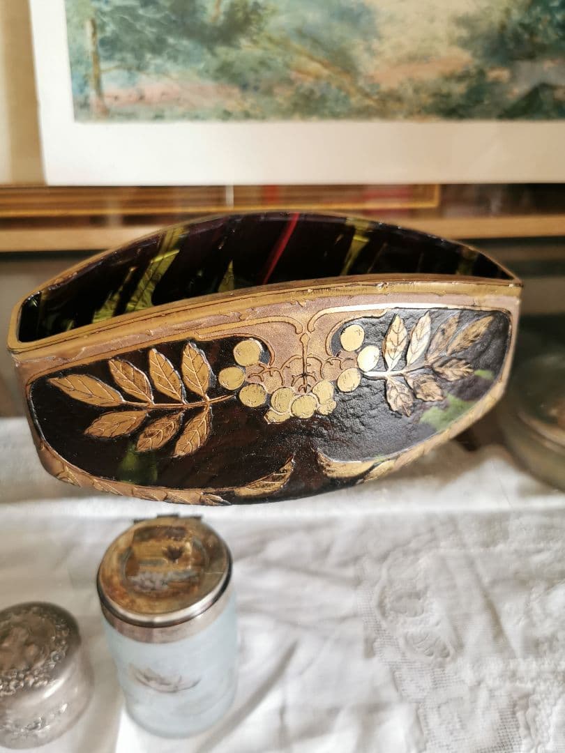 アンティーク ドームナンシー 透明緑ボルドー赤ガラス 葡萄紋金彩装飾器スタンド