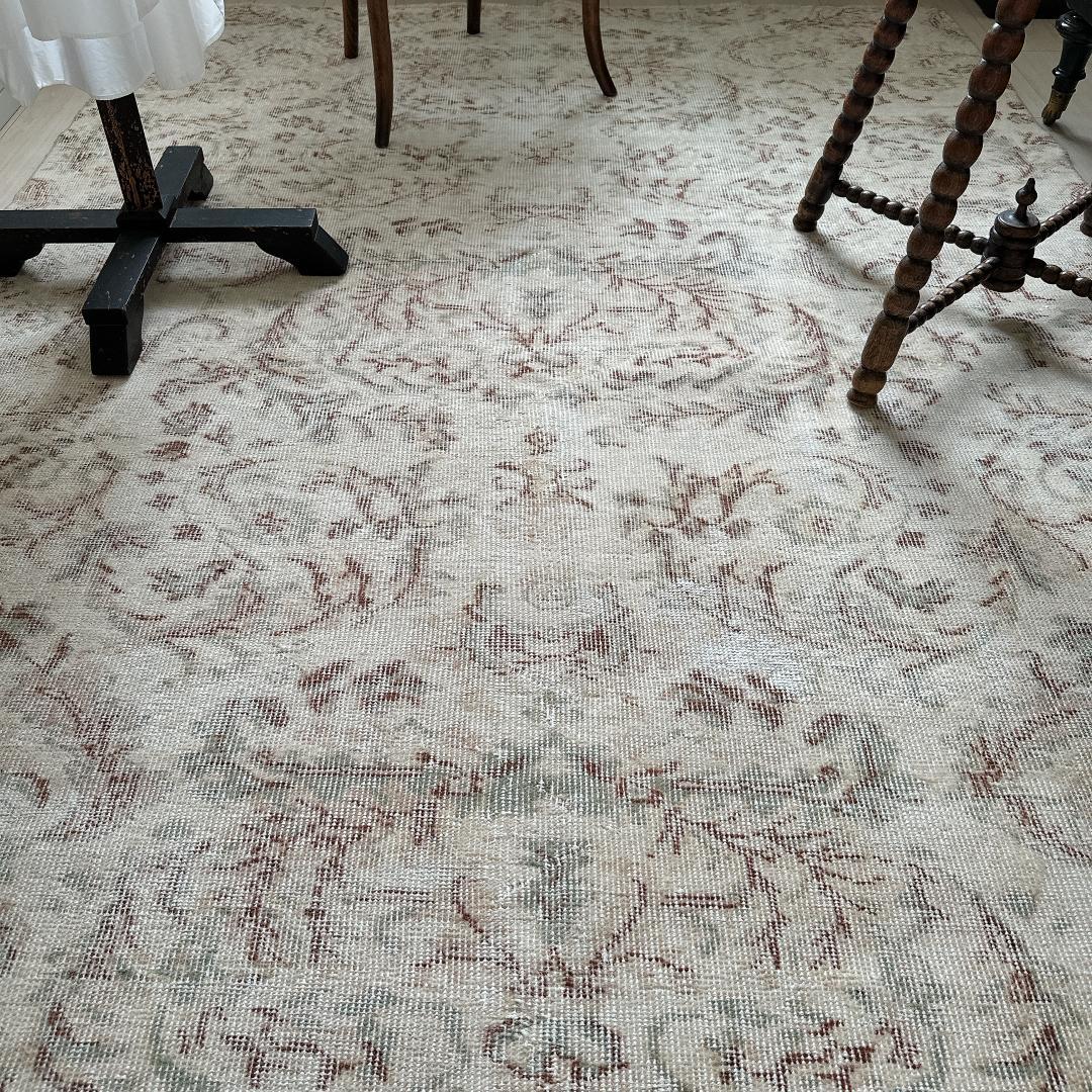 トルコ ヴィンテージラグ A27超大判 レア クリーム セージグリーン ベージュ