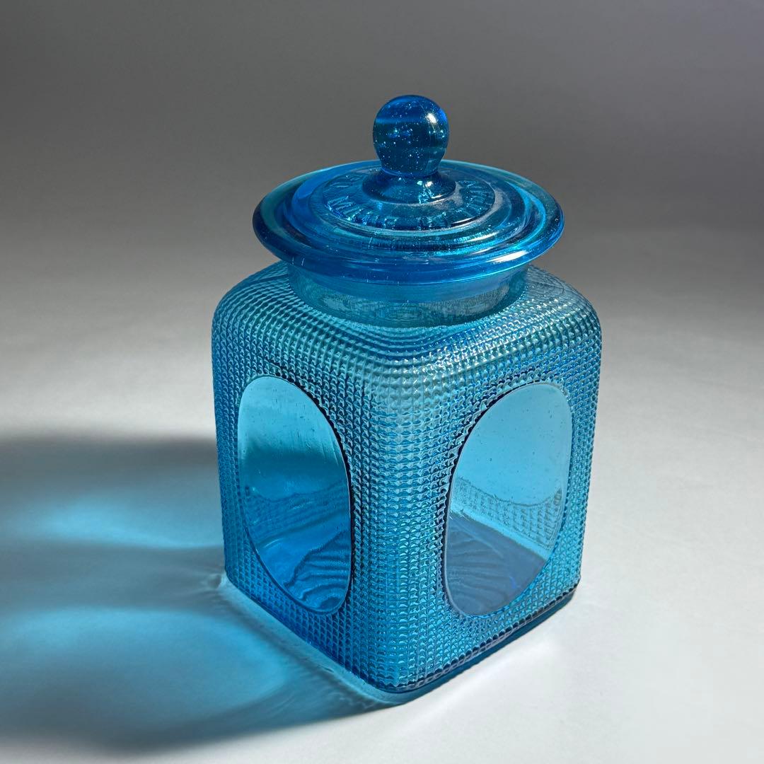 ◆ナリトラ◆レトロガラス 飴屋瓶 シュガーポット 希少ブルー プレスガラス