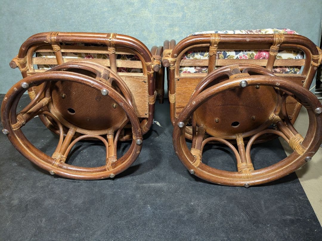 (S) 昭和レトロ　ラタン　チェア　座椅子　藤回転椅子　薔薇柄