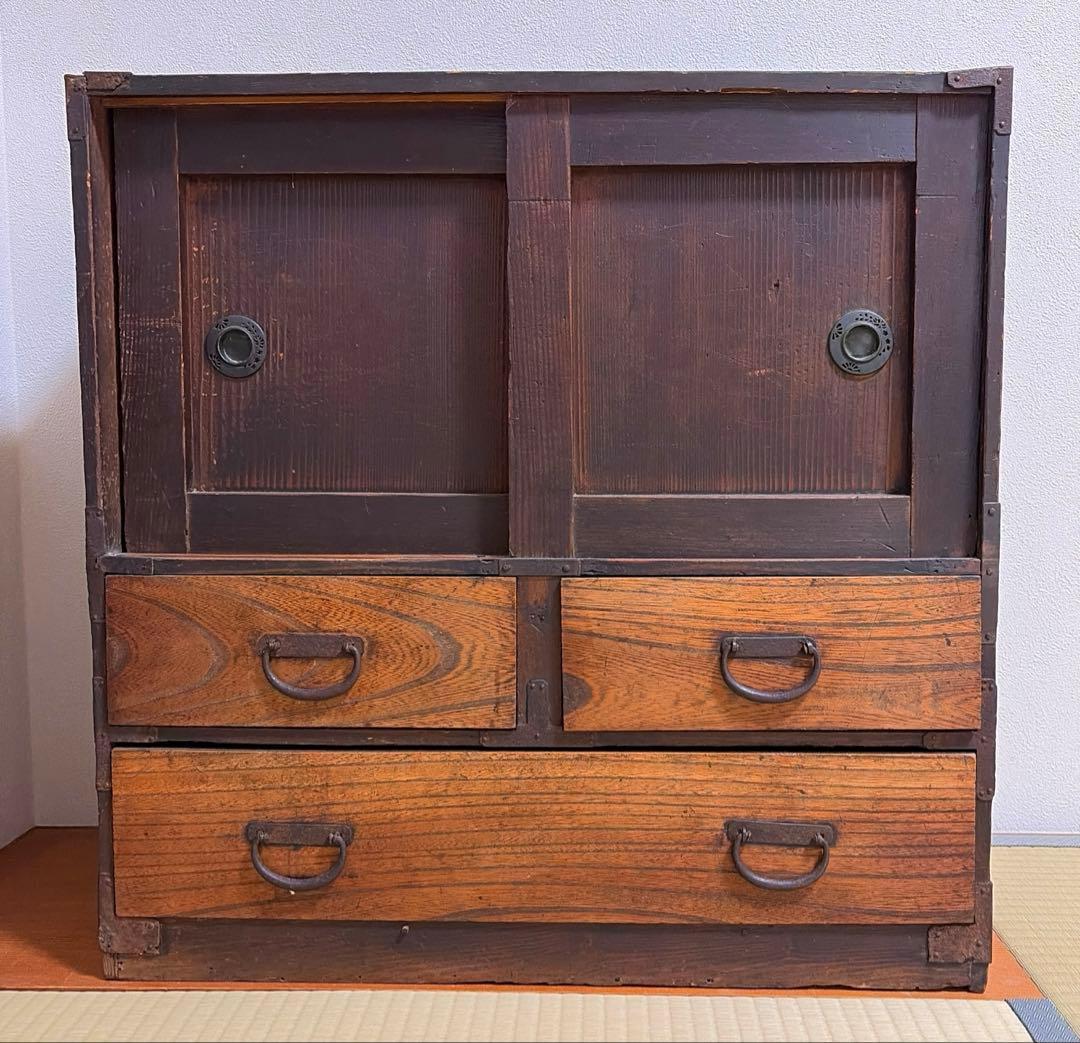 木製収納茶箪笥3引き出し 2扉