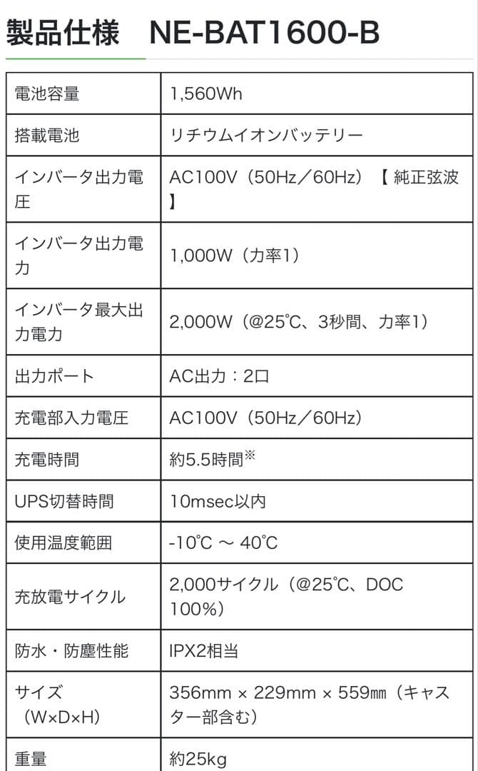標準モデル NE-BAT1600-B ポータブル蓄電池