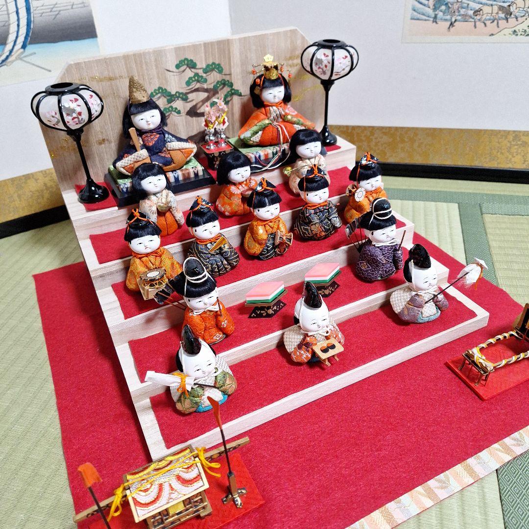 年代物木目込みお雛様、15人雛飾り、雛段新品、段飾りお雛様