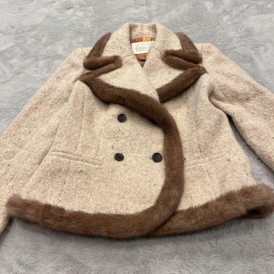 Harrods♡ミンクファー付ショート丈 ウールコート モヘア 裏地シルク 1