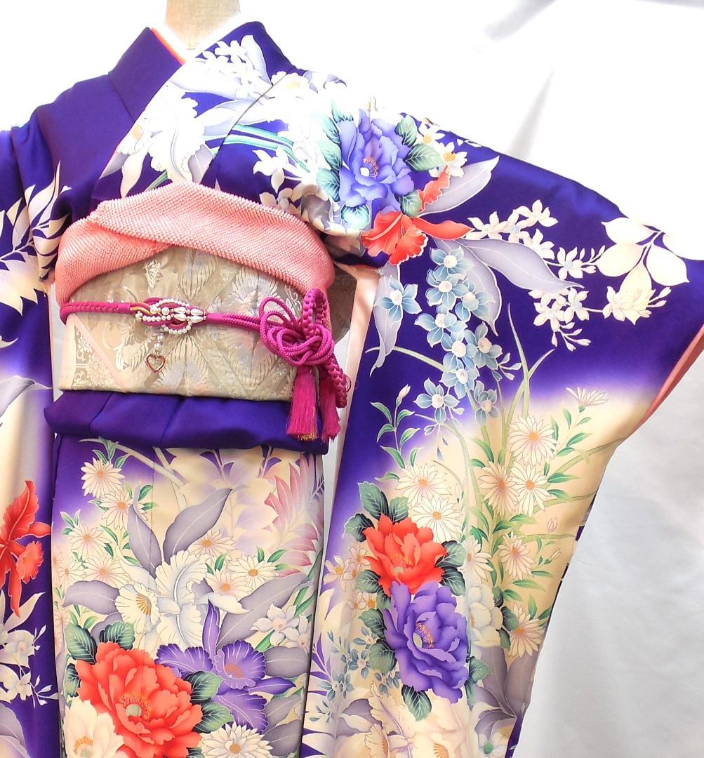 美品★振袖フルセット　正絹　成人式　振袖　7点セット　Mサイズ　紫　花柄　華やか