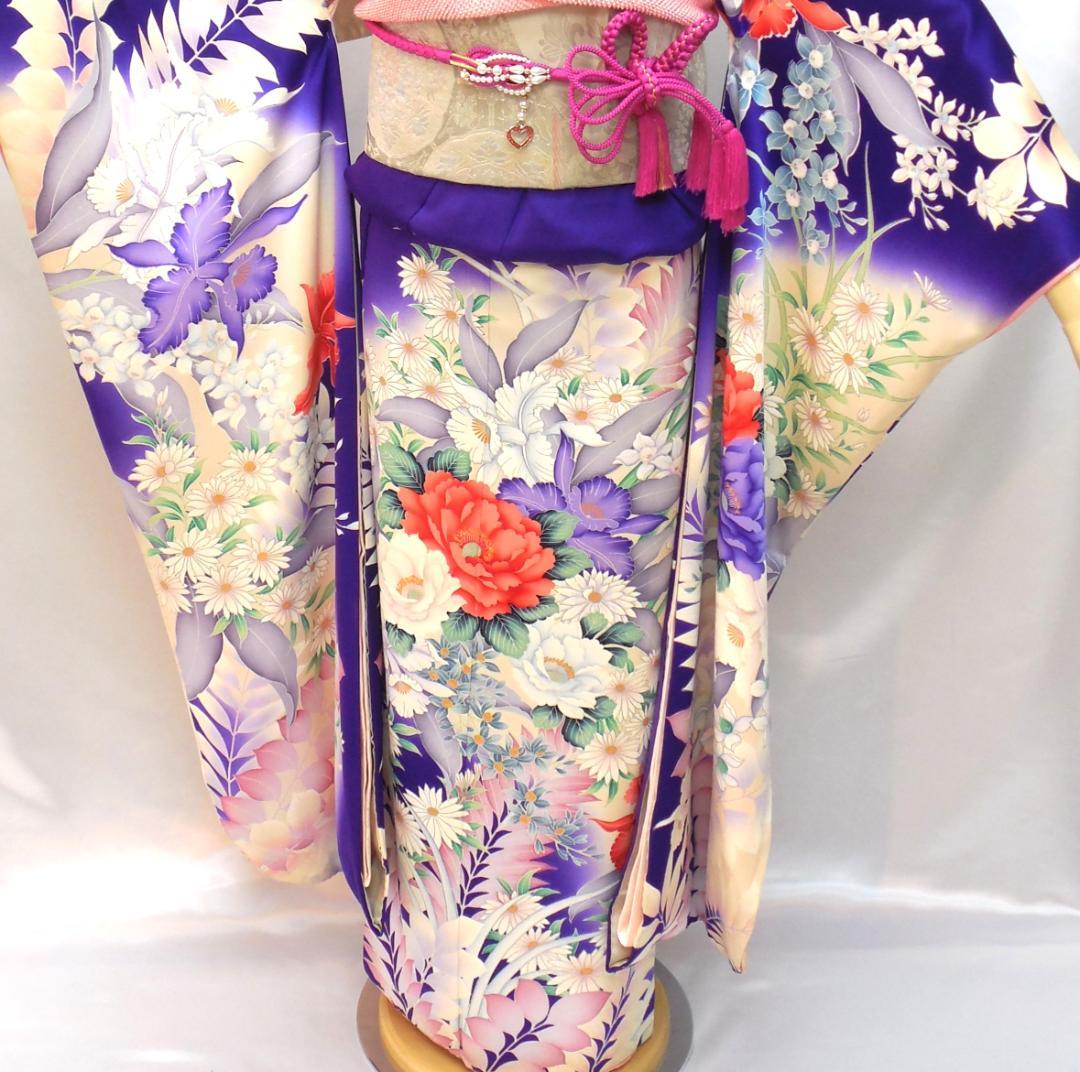 美品★振袖フルセット　正絹　成人式　振袖　7点セット　Mサイズ　紫　花柄　華やか