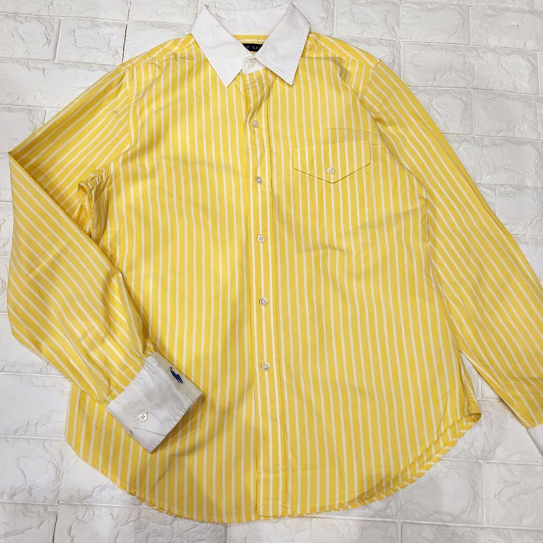 美品✨ラルフローレン　コットン100　長袖シャツ　ストライプ　ロゴ刺繍　イエロー