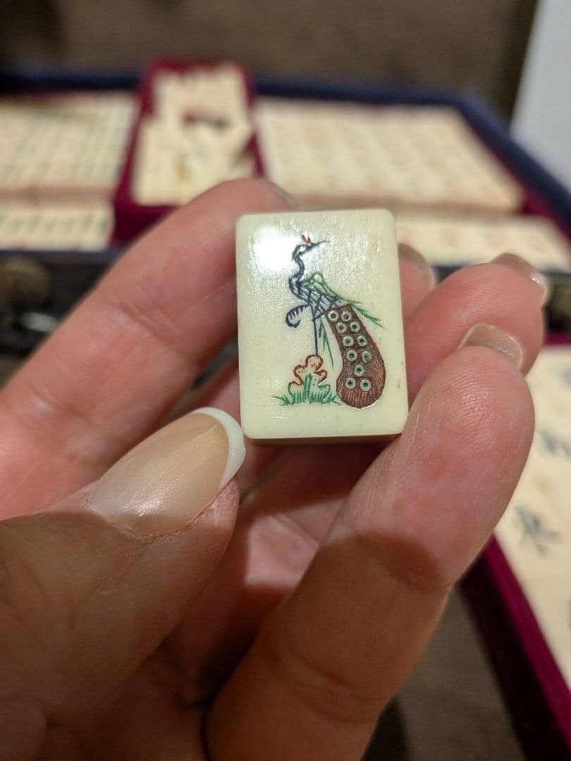 マージャン牌 戦中 手彫り麻雀牌 牛骨竹裏牌 希少牌 百塔 花牌 アリ溝 骨董