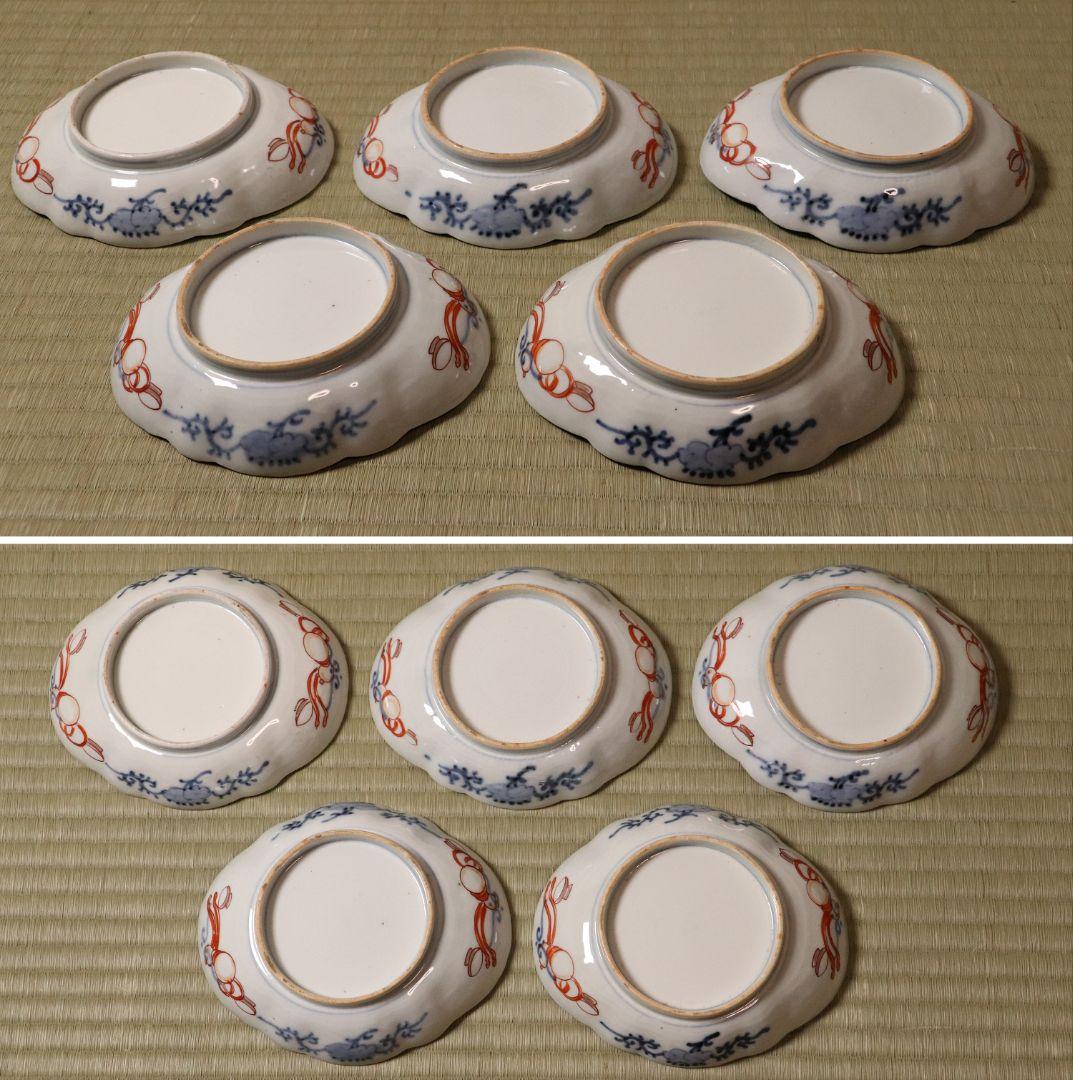 古伊万里 鳥の図 色絵 刺身皿 変形皿 五客 錦手 鴛鴦 鶴 瓢箪 CL96