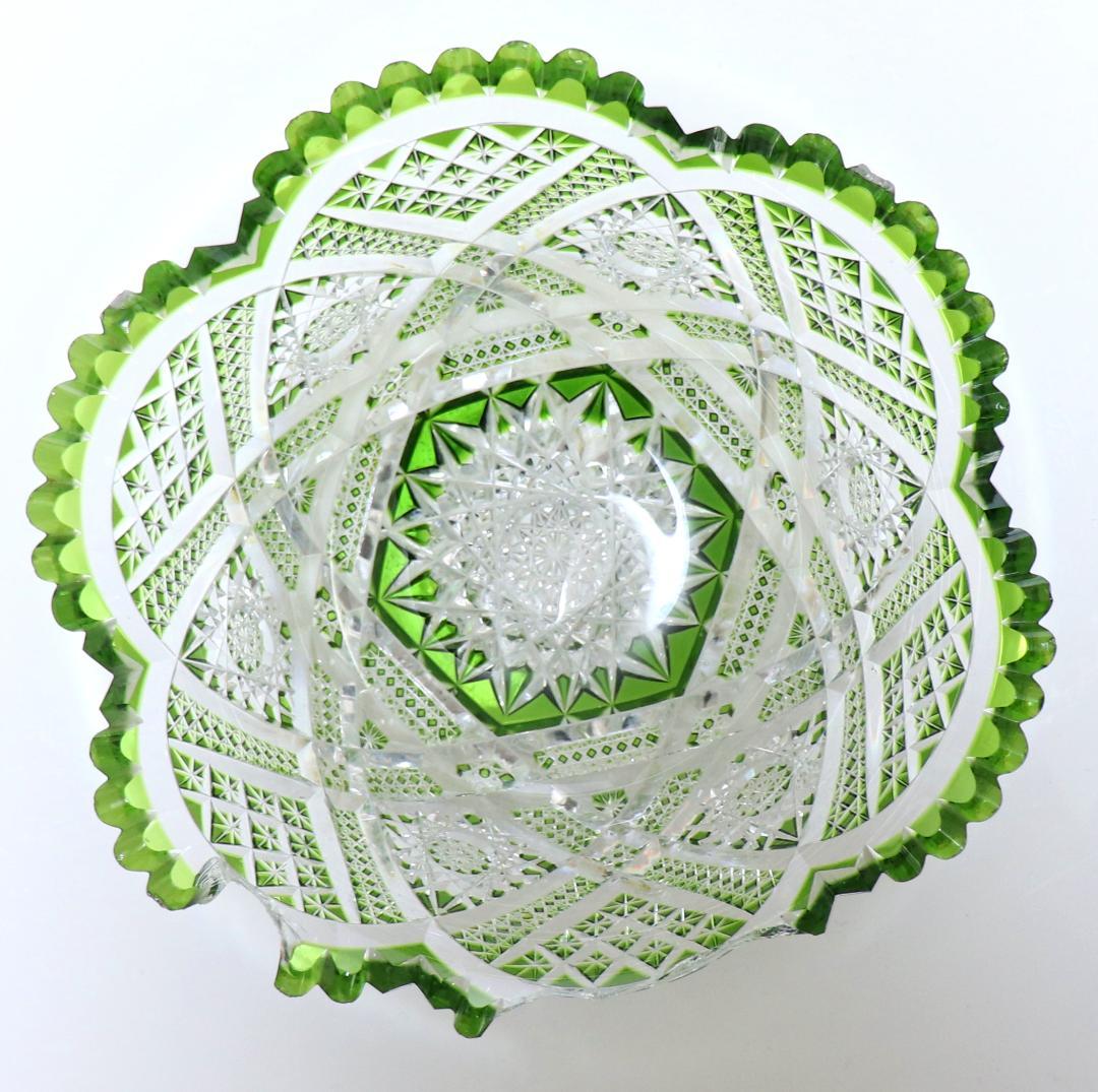 オールド・バカラ 1890年 美術館級 大型 黄緑色被せ切子 丸鉢 アートピース