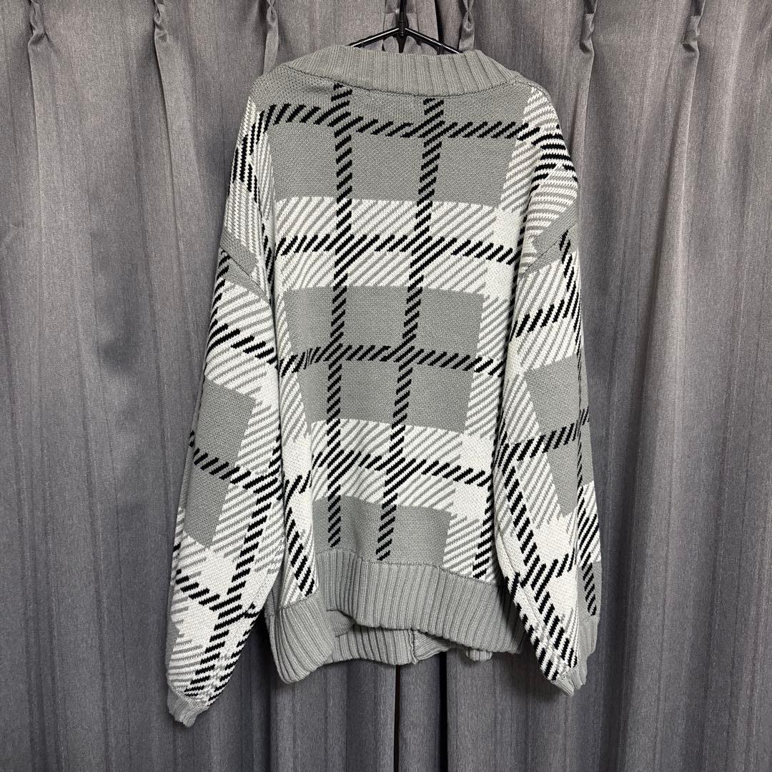 TRAVAS TOKYO チェック柄カーディガン グレー ジャカードニット
