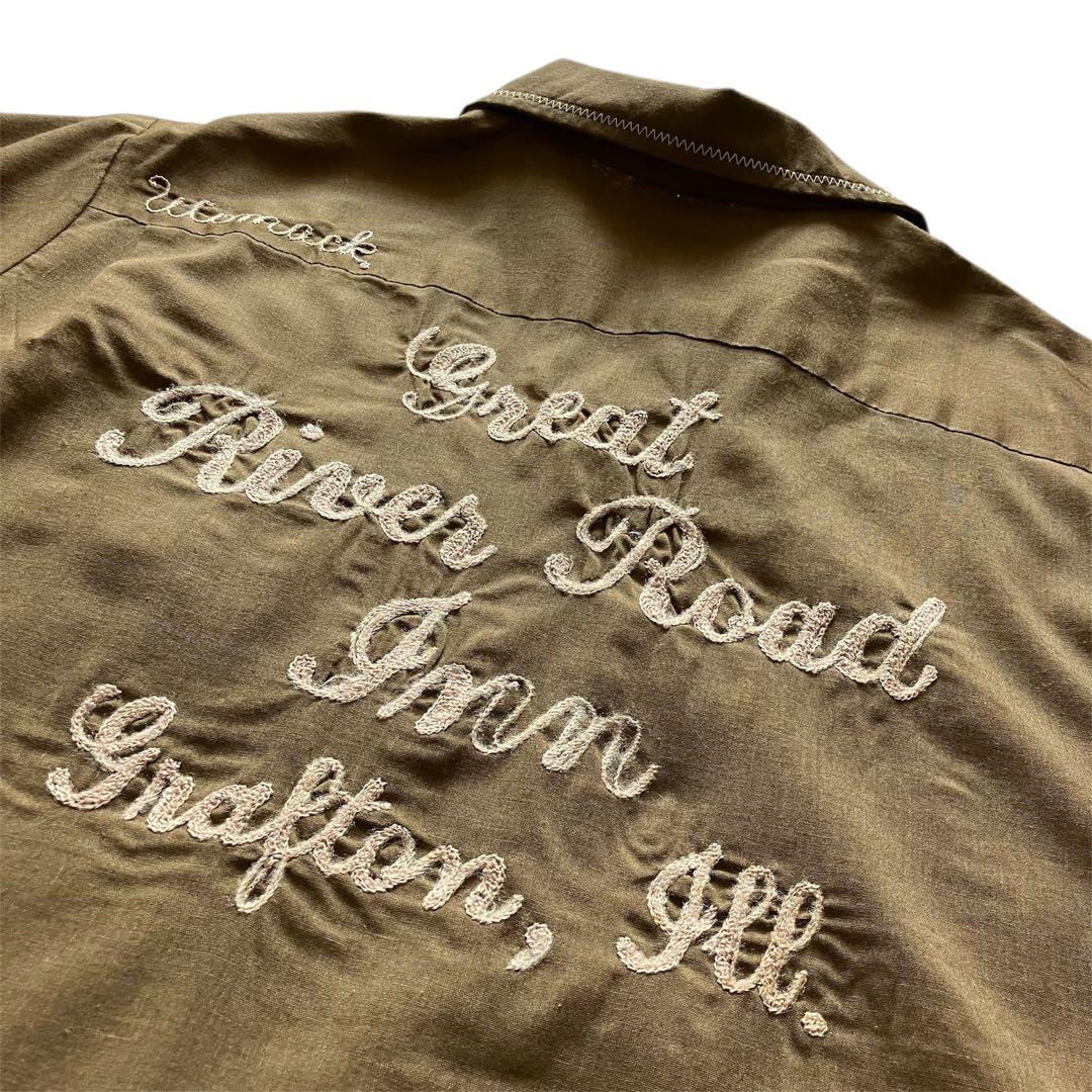 70's USA製 キングルイ チェーン刺繍 ボウリングシャツ 茶ベージュ L